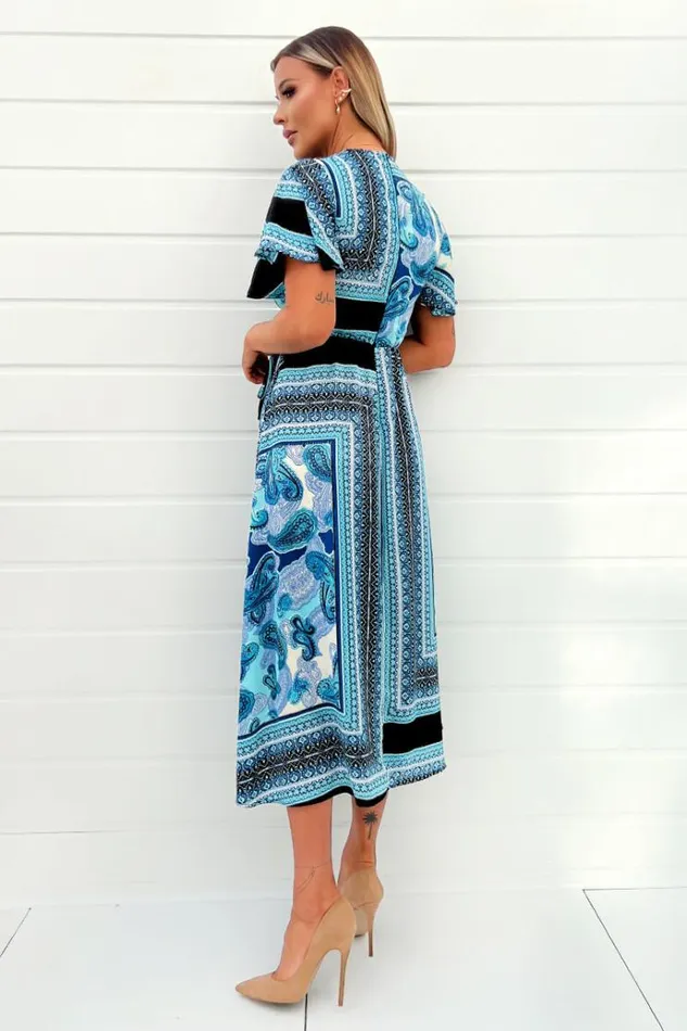 AX Paris Blue Scarf Printed Short Sleeve Wrap Midi Dress Women Dresses