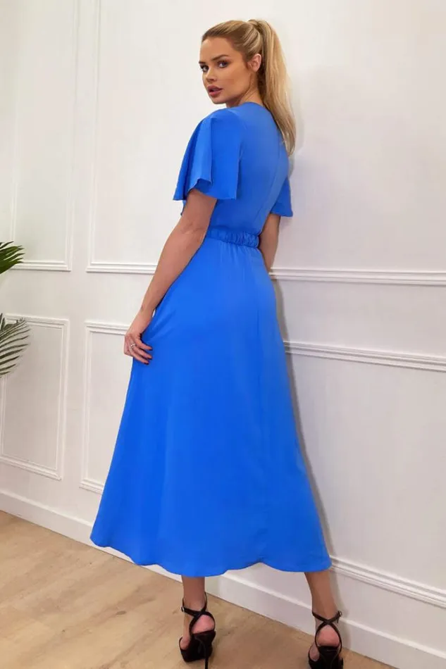 AX Paris Blue Short Sleeve Belted Wrap Midi Dress Women Dresses