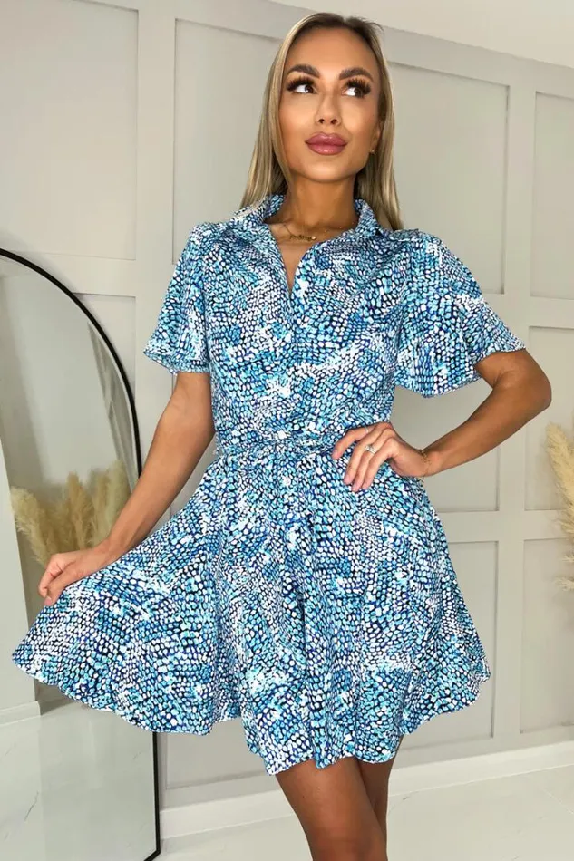 AX Paris Blue Snake Print Mini Tie Waist Shirt Dress Women Dresses