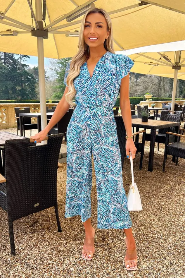 AX Paris Blue Snake Print V Neck Frill Sleeve Jumpsuit Women Jumpsuits And Playsuits AX Paris Blue Snake Print V Neck Frill Sleeve Jumpsuit Women Jumpsuits And Playsuits