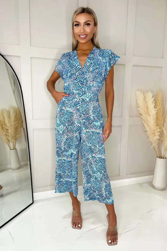 AX Paris Blue Snake Print V Neck Frill Sleeve Jumpsuit Women Jumpsuits And Playsuits