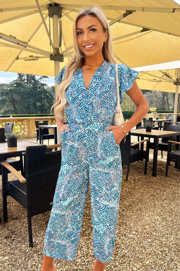 AX Paris Blue Snake Print V Neck Frill Sleeve Jumpsuit Women Jumpsuits And Playsuits