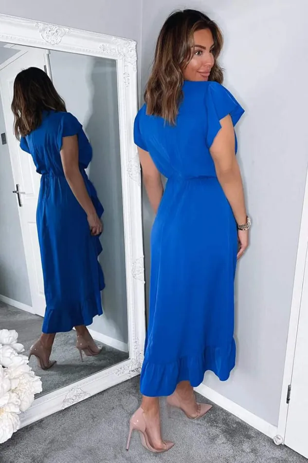AX Paris Blue Wrap Over Frill Hem Short Sleeve Midi Dress Women Dresses