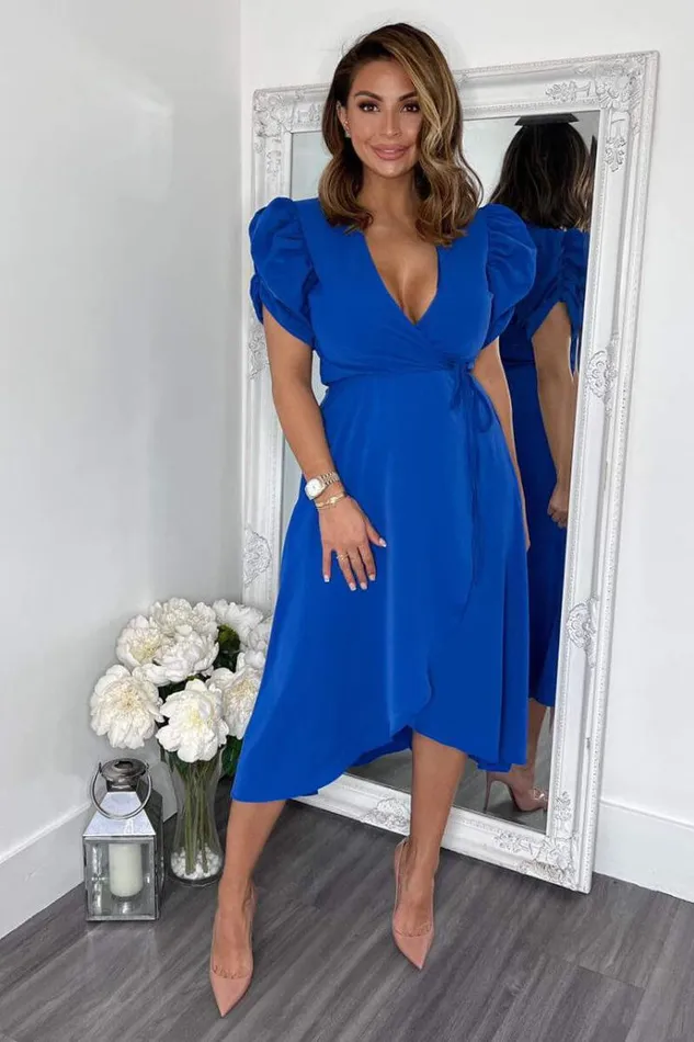 AX Paris Blue Wrap Over Tie Midi Dress Women Dresses