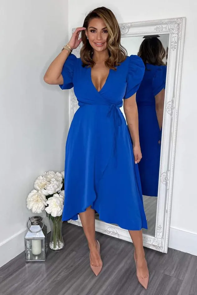AX Paris Blue Wrap Over Tie Midi Dress Women Dresses
