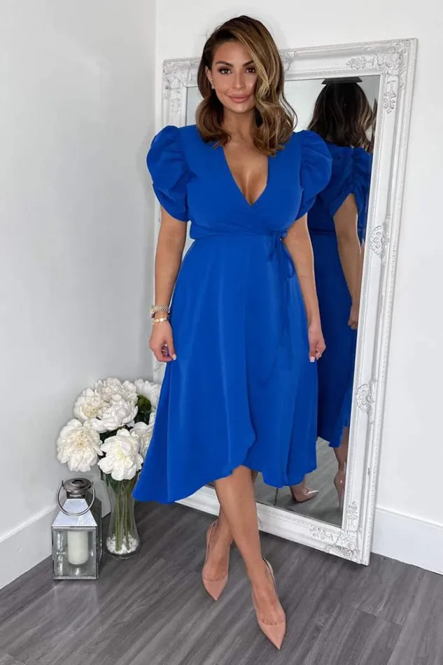 AX Paris Blue Wrap Over Tie Midi Dress Women Dresses