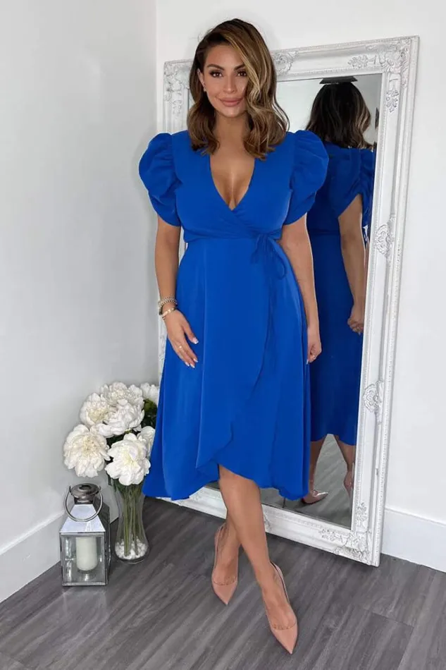 AX Paris Blue Wrap Over Tie Midi Dress Women Dresses