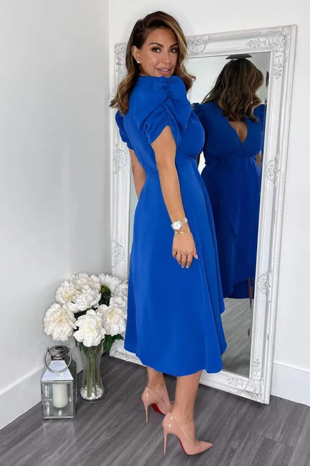 AX Paris Blue Wrap Over Tie Midi Dress Women Dresses