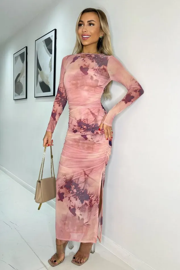 AX Paris Blush Printed Mesh Overlay Long Sleeve Bodycon Midi Dress Women Dresses