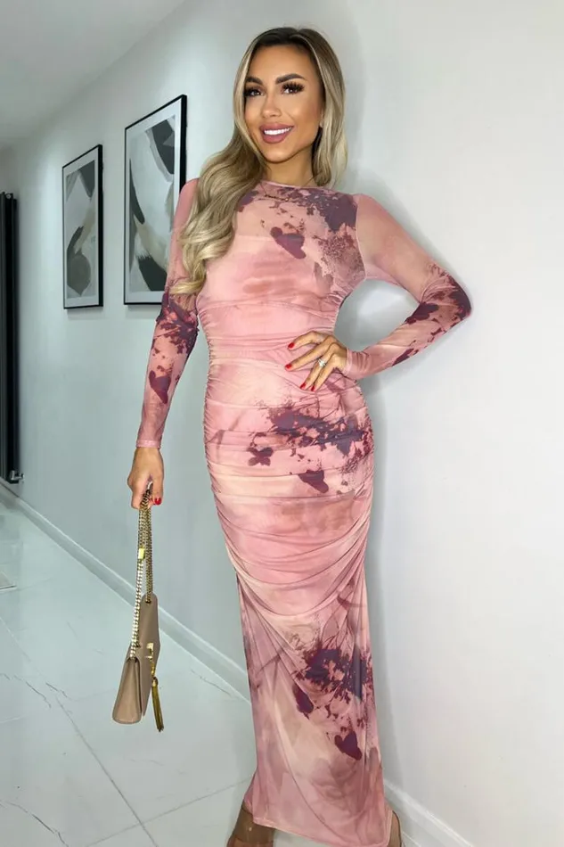 AX Paris Blush Printed Mesh Overlay Long Sleeve Bodycon Midi Dress Women Dresses