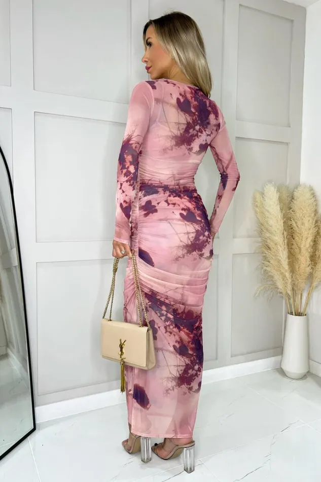 AX Paris Blush Printed Mesh Overlay Long Sleeve Bodycon Midi Dress Women Dresses