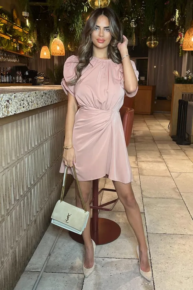 AX Paris Blush Short Puff Sleeve Drape Skirt Mini Dress Women Dresses