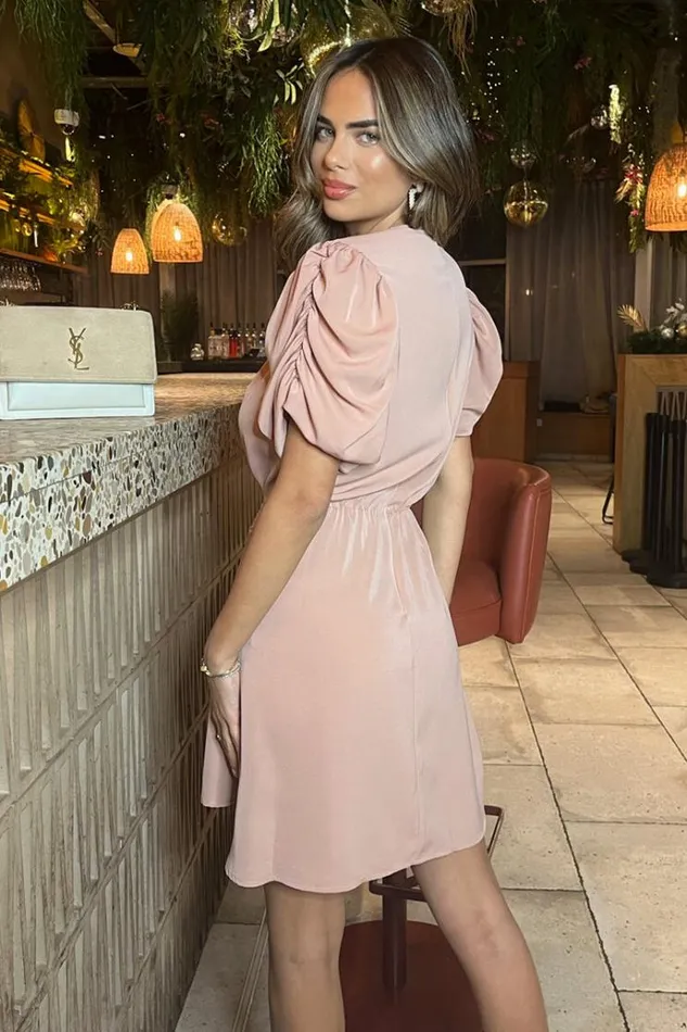 AX Paris Blush Short Puff Sleeve Drape Skirt Mini Dress Women Dresses
