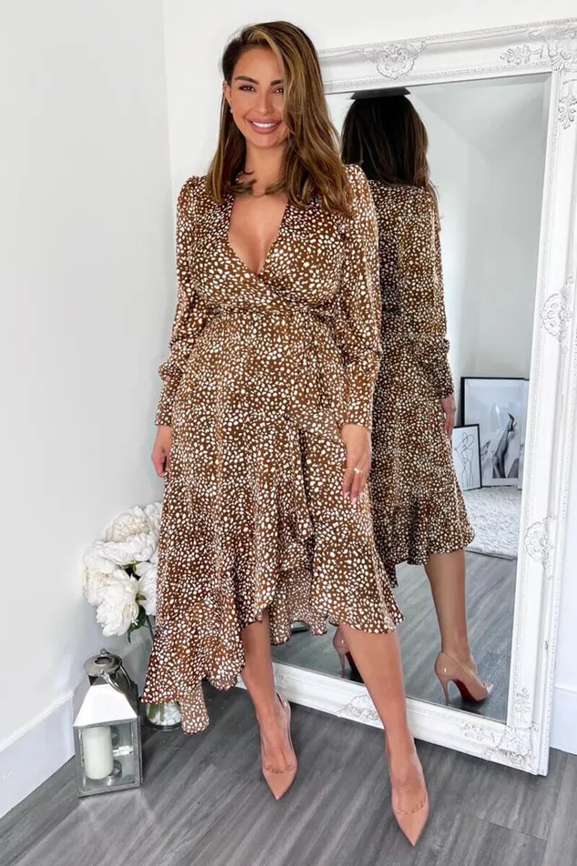 AX Paris Brown And Cream Printed VNeck Long Sleeve Midi Dress Women Dresses
