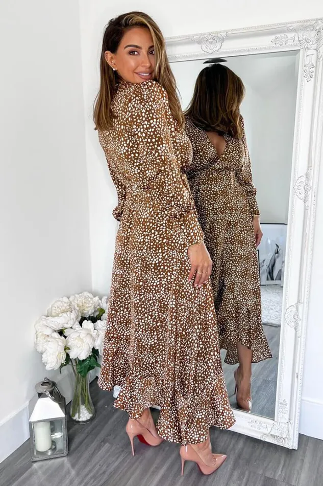 AX Paris Brown And Cream Printed VNeck Long Sleeve Midi Dress Women Dresses