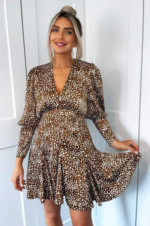 AX Paris Brown And White Spotty VNeck Long Sleeve Skater Dress Women Dresses
