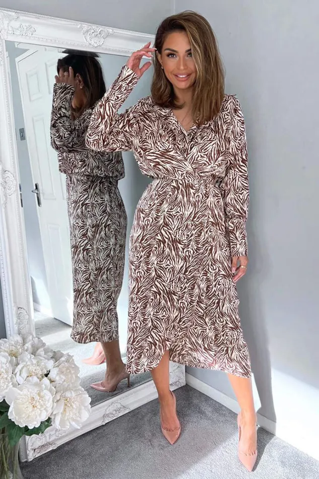 AX Paris Brown Animal Print Wrap Over Midi Dress Women Dresses