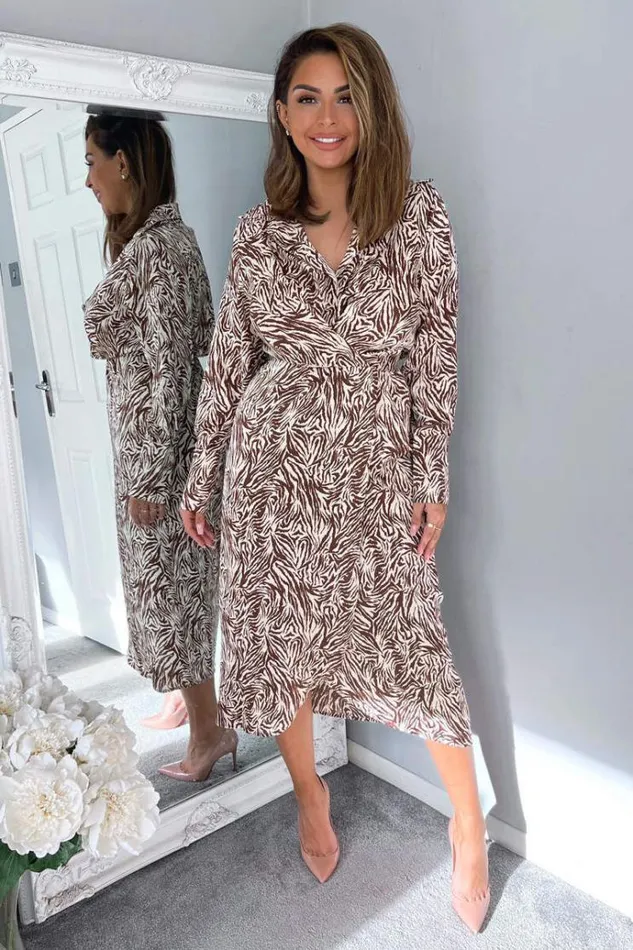 AX Paris Brown Animal Print Wrap Over Midi Dress Women Dresses
