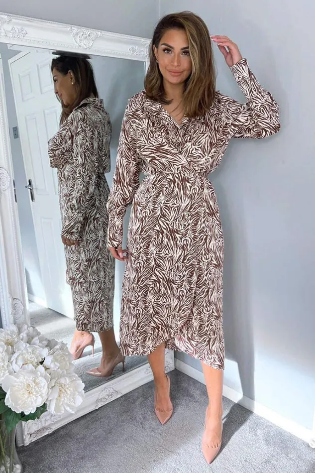 AX Paris Brown Animal Print Wrap Over Midi Dress Women Dresses