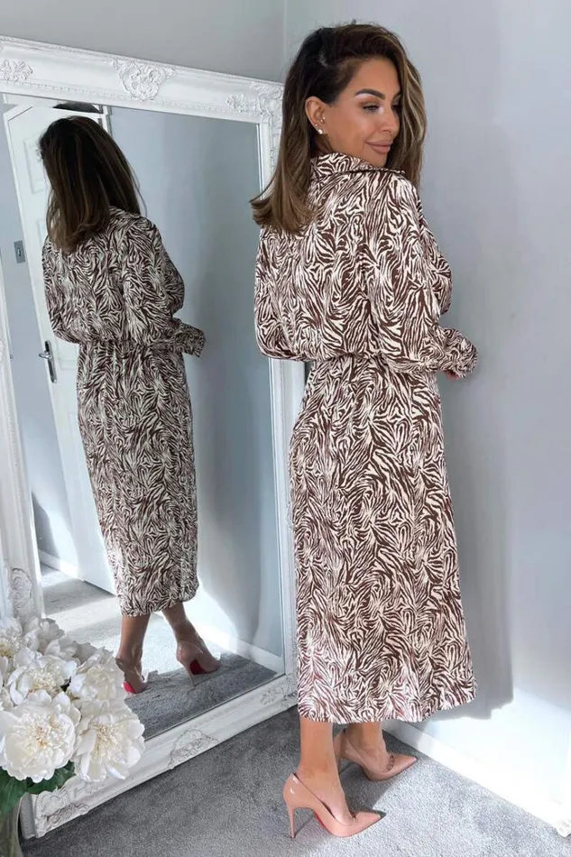 AX Paris Brown Animal Print Wrap Over Midi Dress Women Dresses