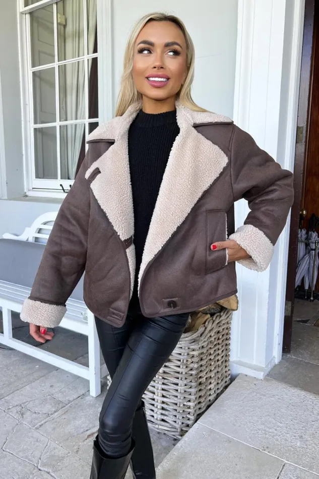 AX Paris Brown Faux Shearling Coat Women Coats and Jackets
