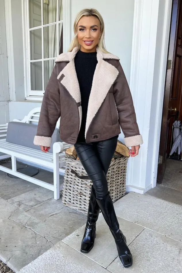 AX Paris Brown Faux Shearling Coat Women Coats and Jackets