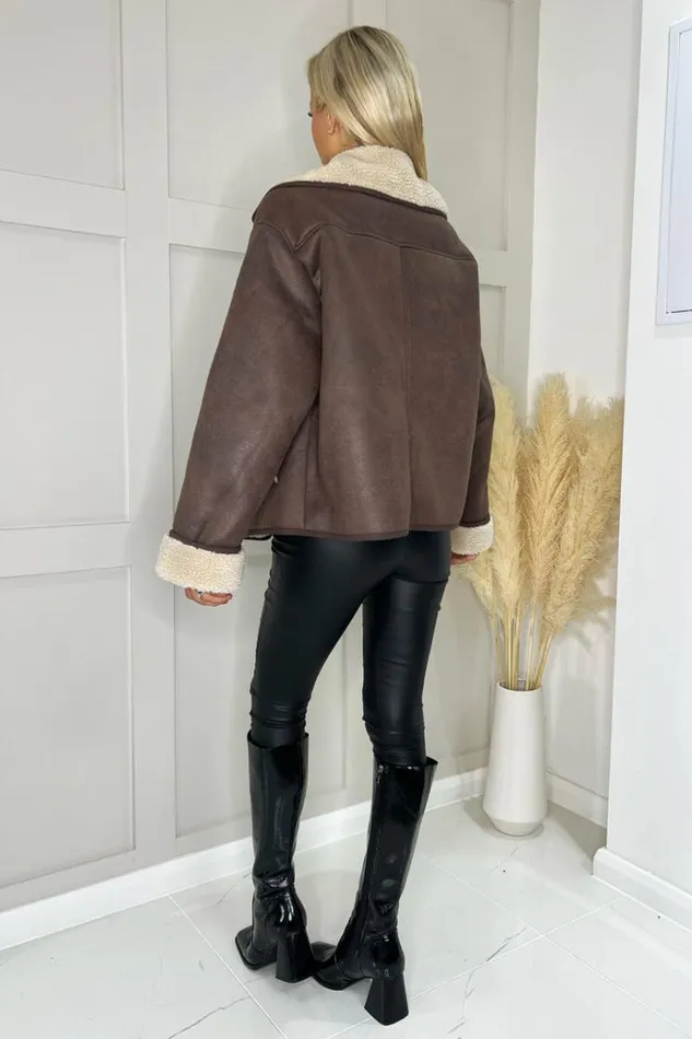 AX Paris Brown Faux Shearling Coat Women Coats and Jackets