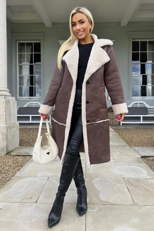 AX Paris Brown Longline Faux Shearling Coat Women Coats and Jackets