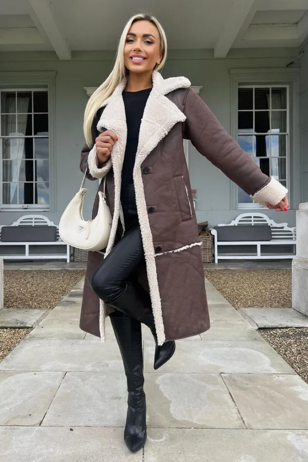 AX Paris Brown Longline Faux Shearling Coat Women Coats and Jackets