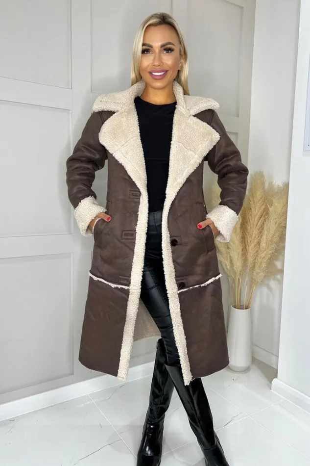 AX Paris Brown Longline Faux Shearling Coat Women Coats and Jackets