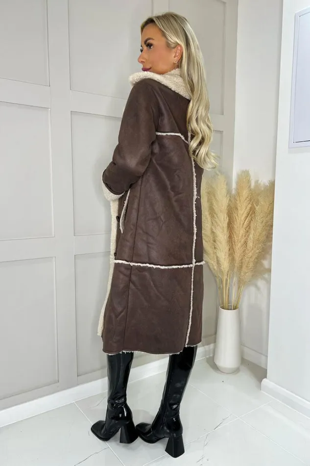 AX Paris Brown Longline Faux Shearling Coat Women Coats and Jackets