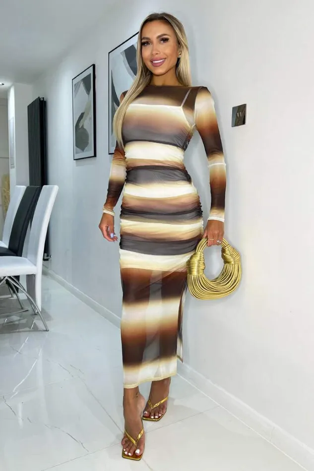 AX Paris Brown Ombre Printed Mesh Overlay Long Sleeve Bodycon Midi Dress Women Dresses