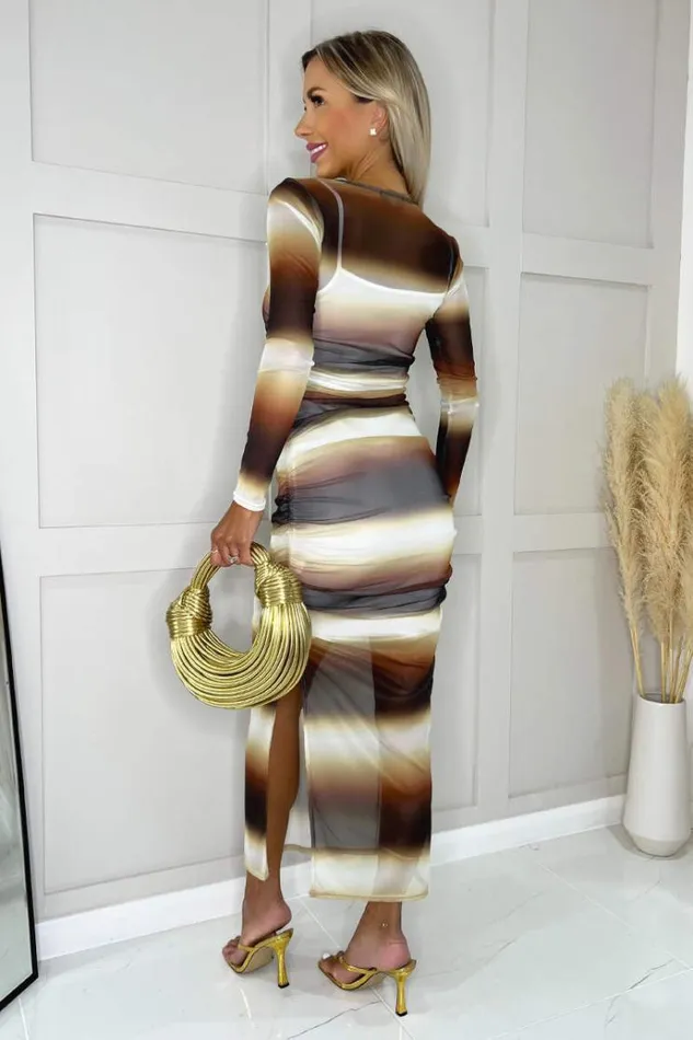 AX Paris Brown Ombre Printed Mesh Overlay Long Sleeve Bodycon Midi Dress Women Dresses