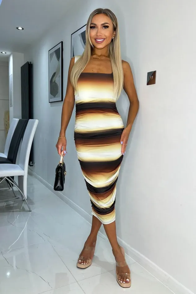 AX Paris Brown Ombre Printed Square Neck Sleeveless Bodycon Midi Dress Women Dresses
