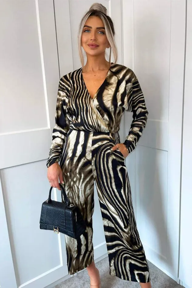 AX Paris Brown Printed Bat Wing Wrap Top Jumpsuit Women Jumpsuits And Playsuits AX Paris Brown Printed Bat Wing Wrap Top Jumpsuit Women Jumpsuits And Playsuits