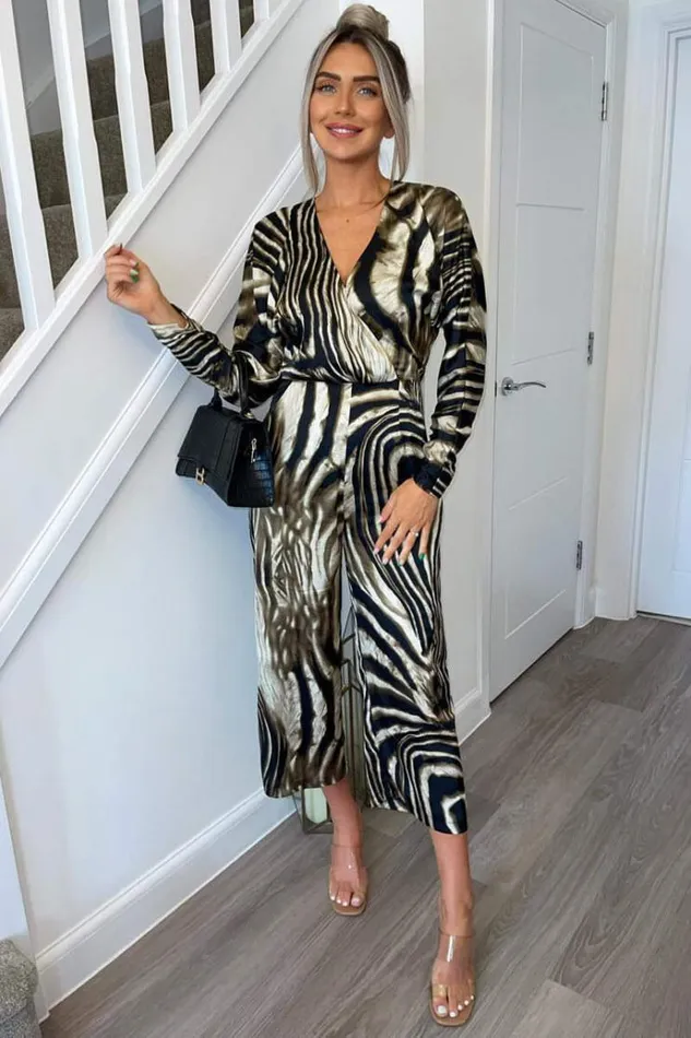 AX Paris Brown Printed Bat Wing Wrap Top Jumpsuit Women Jumpsuits And Playsuits