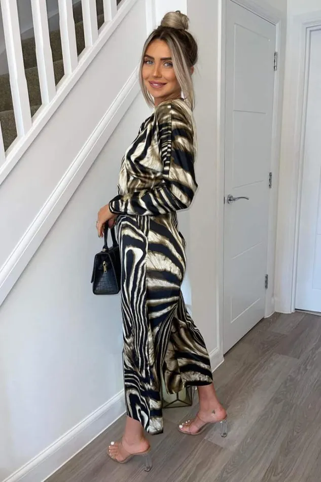 AX Paris Brown Printed Bat Wing Wrap Top Jumpsuit Women Jumpsuits And Playsuits