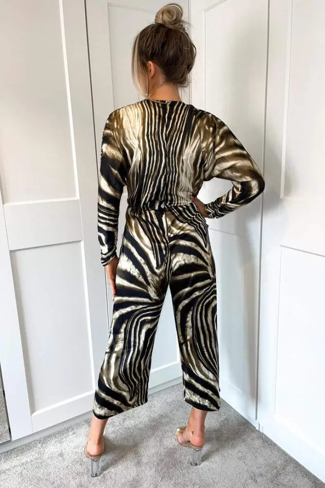 AX Paris Brown Printed Bat Wing Wrap Top Jumpsuit Women Jumpsuits And Playsuits
