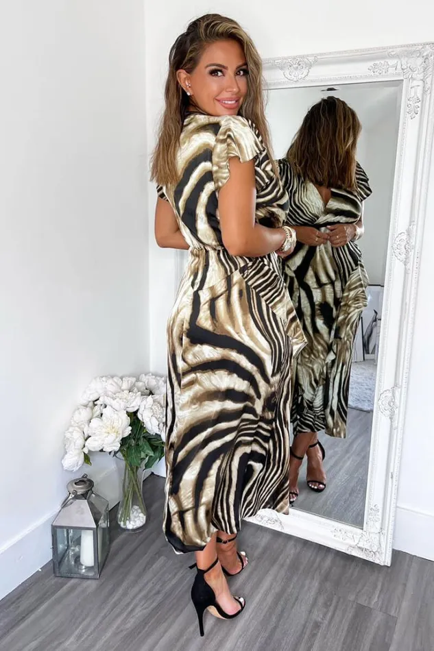 AX Paris Brown Printed Frill Detail Double Split Skirt Midi Dress Women Dresses