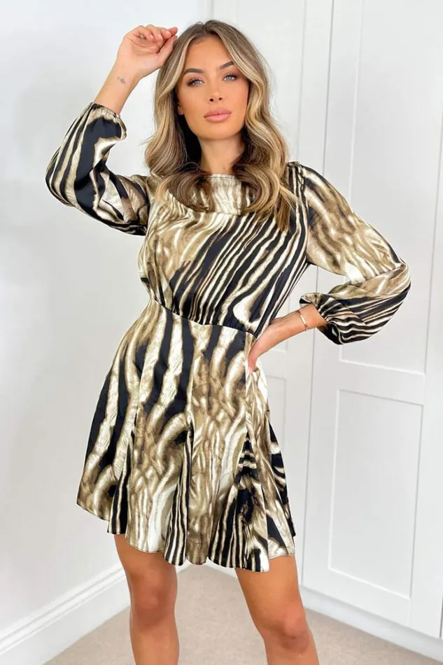AX Paris Brown Printed Long Sleeve Mini Skater Dress Women Dresses