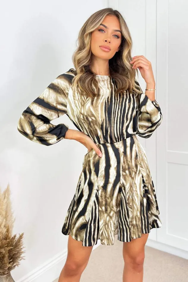 AX Paris Brown Printed Long Sleeve Mini Skater Dress Women Dresses