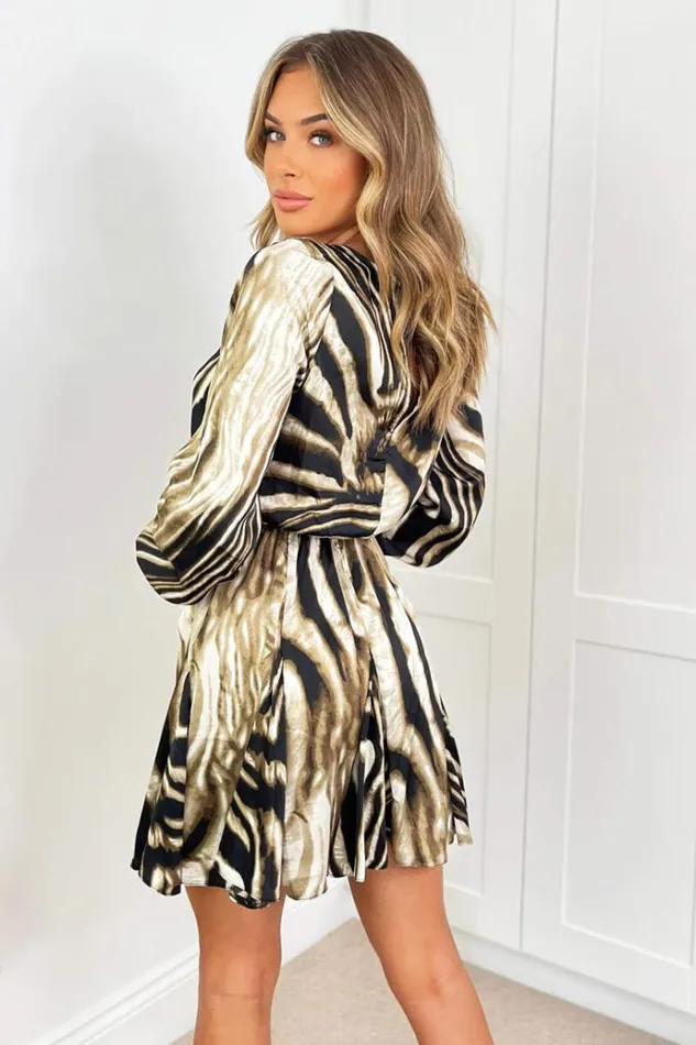 AX Paris Brown Printed Long Sleeve Mini Skater Dress Women Dresses