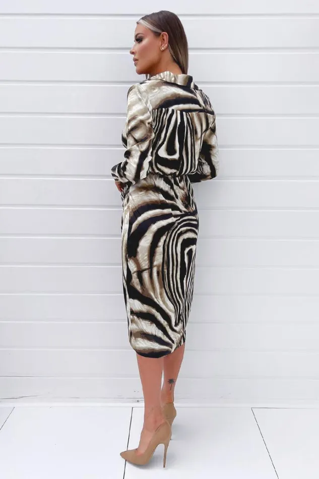 AX Paris Brown Printed Long Sleeve Wrap Dress With Shoulder Pads Women Dresses