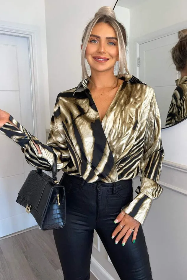 AX Paris Brown Printed Wrap Top Long Sleeve Bodysuit Women Bodysuits