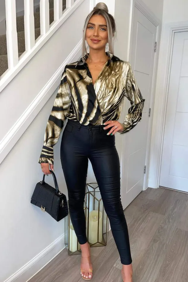 AX Paris Brown Printed Wrap Top Long Sleeve Bodysuit Women Bodysuits
