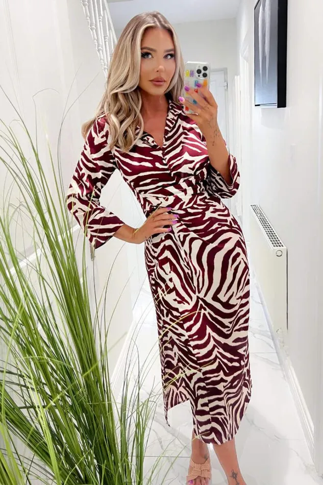 AX Paris Burgundy Animal Print Button Top Gathered Side Midi Dress Women Dresses