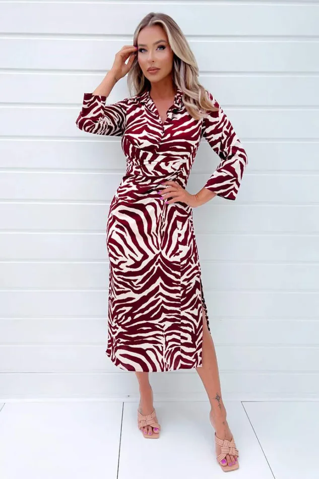 AX Paris Burgundy Animal Print Button Top Gathered Side Midi Dress Women Dresses