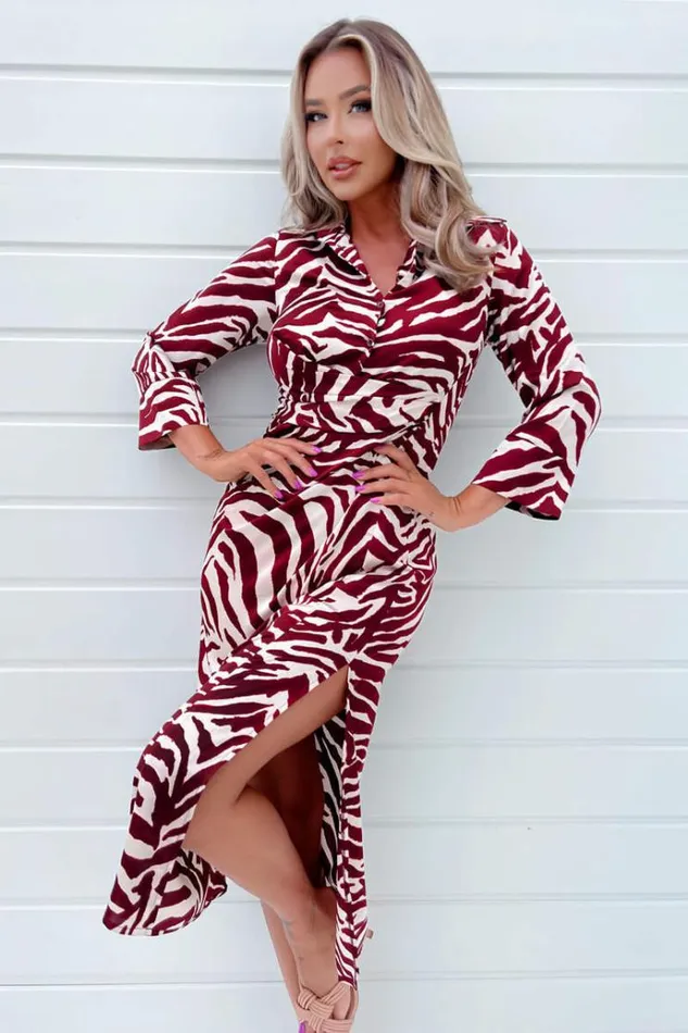 AX Paris Burgundy Animal Print Button Top Gathered Side Midi Dress Women Dresses