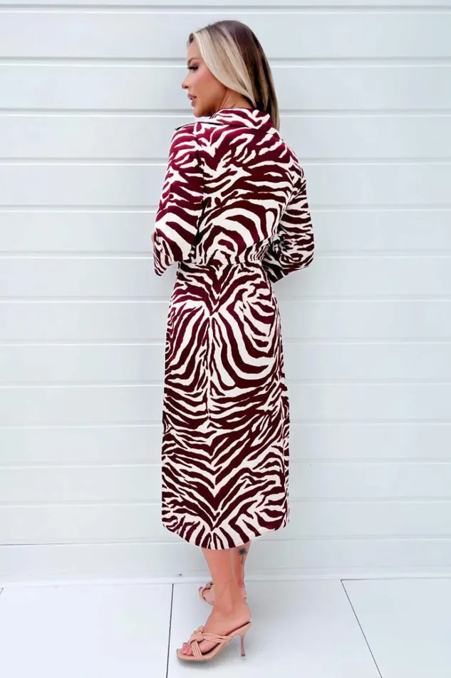 AX Paris Burgundy Animal Print Button Top Gathered Side Midi Dress Women Dresses