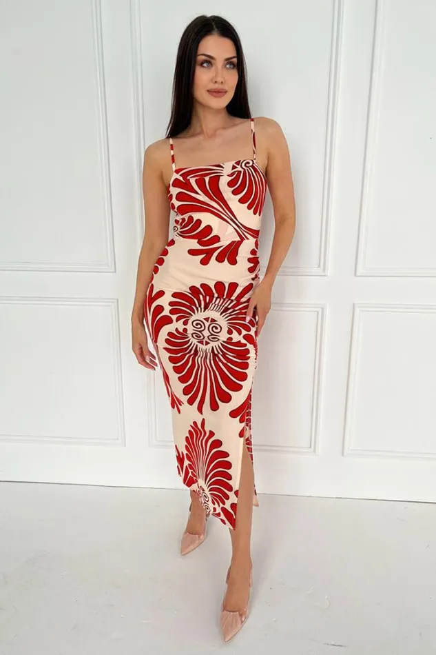 AX Paris Burnt Orange Abstract Print Cowl Neck Ruched Side Strappy Midi Dress Women Dresses